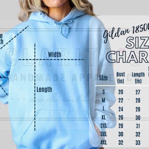 K&ouml;nnte beinhalten: Eine Gr&ouml;&szlig;entabelle f&uuml;r Gildan 18500 Hoodies, die die Ma&szlig;e in Zoll f&uuml;r Brustumfang, L&auml;nge und &Auml;rmell&auml;nge angibt. Die Gr&ouml;&szlig;en reichen von S bis 4XL.