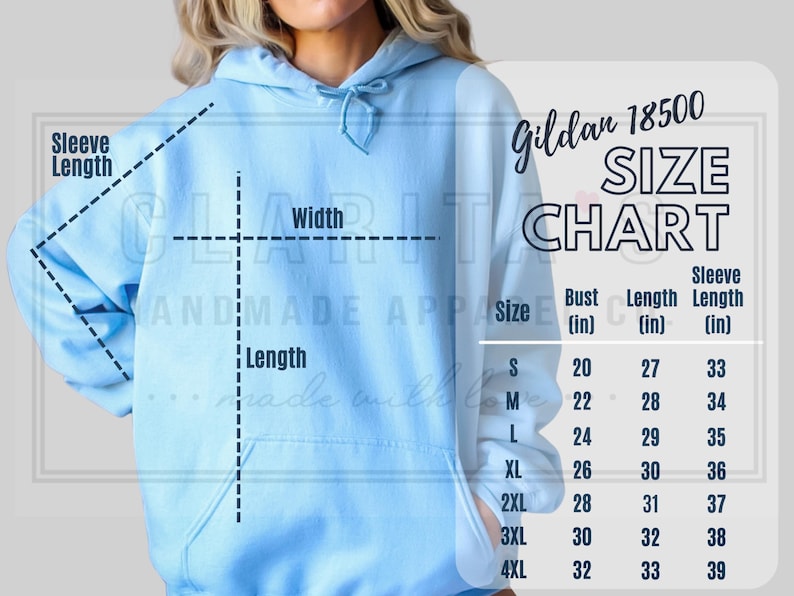K&ouml;nnte beinhalten: Eine Gr&ouml;&szlig;entabelle f&uuml;r Gildan 18500 Hoodies, die die Ma&szlig;e in Zoll f&uuml;r Brustumfang, L&auml;nge und &Auml;rmell&auml;nge angibt. Die Gr&ouml;&szlig;en reichen von S bis 4XL.