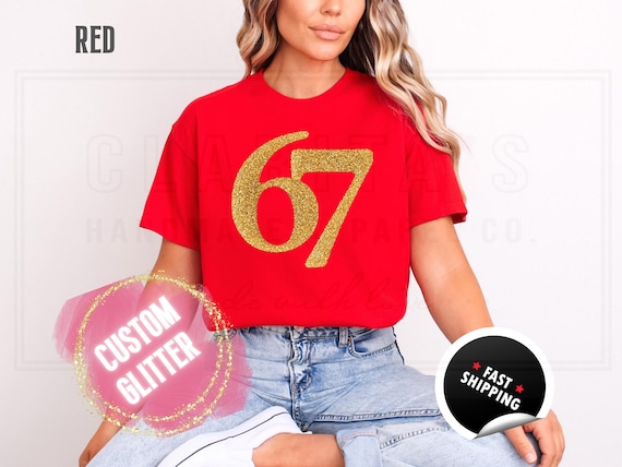 Glitter 67 Christmas Sweatshirt and T-Shirts: Funny 'Six Seven' Sparkly Holiday Sweater for Women. Custom Color Sparkling Festive Shirts