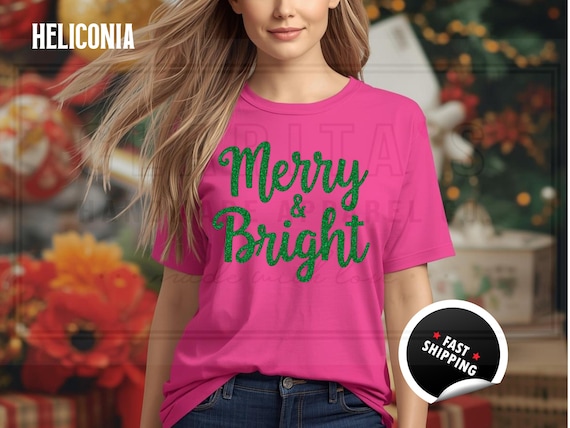 Sparkly Glitter Merry and Bright Christmas T-Shirts and Sweatshirts: Custom Color Sparkling Text Holiday Shirt for Women