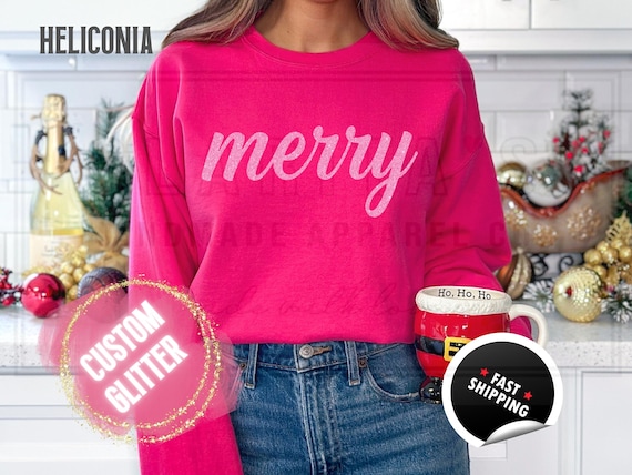 Glitter Christmas Sweatshirt and T-Shirts: Custom 'Merry' Holiday Sweater in a Sparkly Glitz Text. Custom Color Sparkling Festive Shirts