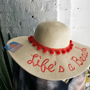 Women&#39;s large straw beach hat | Embroidered straw hat | Cute floppy beach hat | life&#39;s a beach | Pompom hat | Foldable straw hat | Wide brim