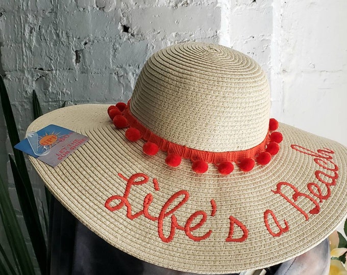 Women's large straw beach hat | Embroidered straw hat | Cute floppy beach hat | life's a beach | Pompom hat | Foldable straw hat | Wide brim