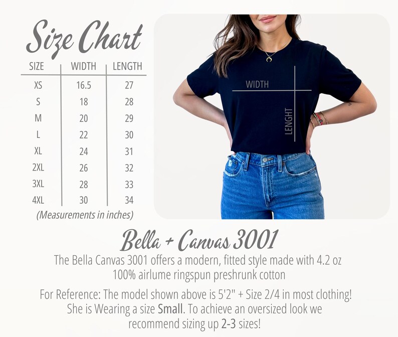 Pu&ograve; includere: Tabella delle taglie per le t-shirt Bella + Canvas 3001, che mostra le misure di larghezza e lunghezza in pollici per le taglie XS a 4XL. La tabella include una foto di un modello che indossa una t-shirt nera.