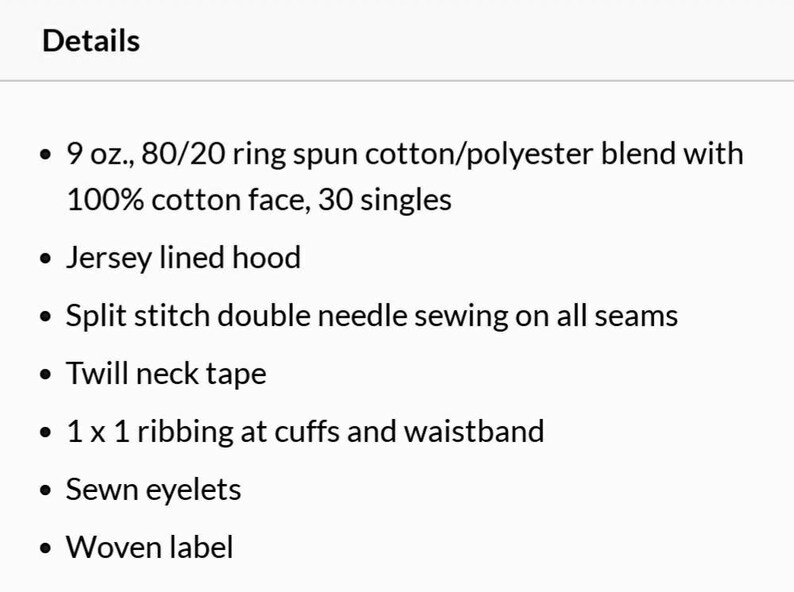 Puede incluir: Detalles de una sudadera con capucha hecha de una mezcla de algod&oacute;n y poli&eacute;ster 80/20 de 9 oz con cara de algod&oacute;n 100%, 30 sencillos. Las caracter&iacute;sticas incluyen una capucha forrada de jersey, costuras dobles de puntada dividida en todas las costuras, cinta de cuello de sarga, ribete 1 x 1 en los pu&ntilde;os y la cintura, ojales cosidos y una etiqueta tejida.