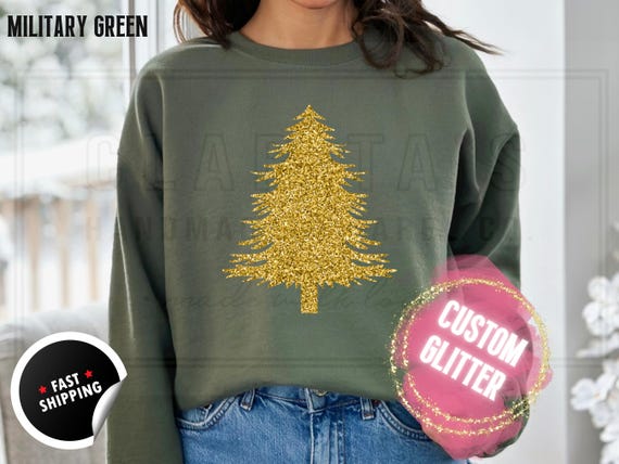 Glitter Christmas Tree Sweatshirt and T-Shirts: Bright Sparkly Holiday Sweater for Women. Custom Color Sparkling Festive Shirts