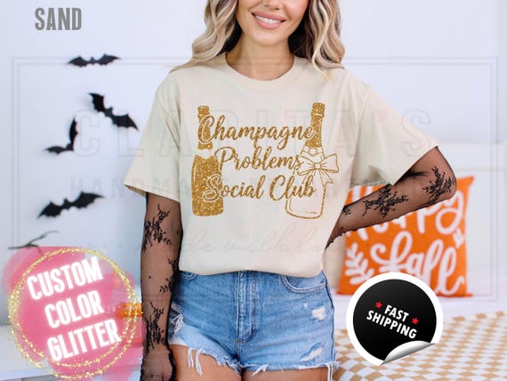 Sparkly Glitter Sweatshirt and T-Shirts: 'Champagne Problems Social Club' Holiday Party Sweater. Womens Sparkling Festive Shirt Custom Color