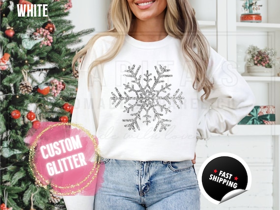Women's Sparkling Glitter Snowflake Christmas Sweatshirt: Sparkly Holiday Crewneck Sweater and T-Shirts for Women