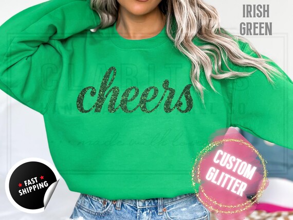 Glitter Christmas Sweatshirt and T-Shirts: Custom 'Cheers' Holiday Sweater in a Sparkly Glitz Text. Custom Color Sparkling Festive Shirts