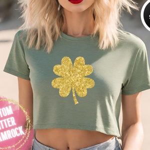 St. Patricks Day Crop Top, Women&#39;s Glitter Shamrock Tee Shirt, St Patricks Day Graphic, Cute Crop TShirt, St. Paddy&#39;s Day Tee, Lucky Shirt