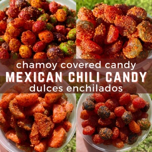Chamoy Candy - Mexican Chili Candy - Chamoy Covered Candy - Spicy Candy - Chile Candy - Chamoy and Tajin Candy Gushers, Skittles, Gummy Bear