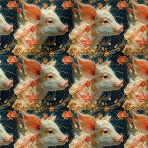 May include: A repeating pattern of pig faces with gold and pink floral accents on a dark blue background.