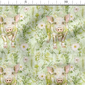 May include: A seamless pattern featuring a green background with white flowers and green leaves. Four pink and white piglets are scattered throughout the pattern.