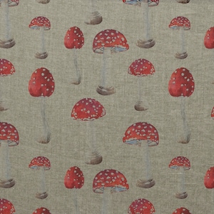 Linen fabric Mushrooms, Toadstools Fabric, Beige in melange, Softened linen for sewing, Width 150cm /60"