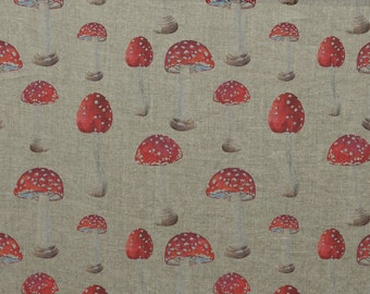 Linen fabric Mushrooms, Toadstools Fabric, Beige in melange, Softened linen for sewing, Width 150cm /60"