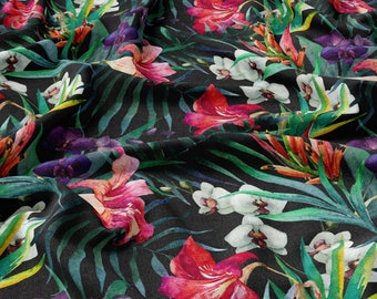 Summer EXOTIC Flowers, Linen 100%, Eco-print, Printed Linen fabric, Softened linen for sewing, Width 150cm /60"