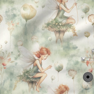 May include: A watercolor illustration of fairies sitting on top of large, round, green and white seed pods. The fairies have wings and are wearing green dresses. The background is a soft green and white.