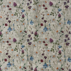Tessuto di lino Prato, Fiori del prato estivo, Beige in melange, Lino ammorbidito per cucire, Larghezza 150 cm /60"