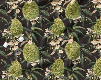 Tissu tricoté en coton, fruits durian, extensible, tricot de coton à motif durian, impression écologique, poids 200 g