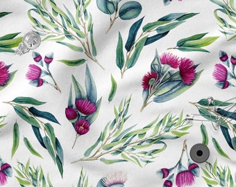 May include: A seamless pattern featuring watercolor illustrations of pink eucalyptus flowers and green leaves on a white background.