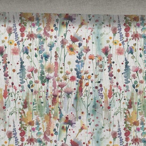 Tessuto di lino, Motivo floreale, Fiori di campo, Beige in melange, Lino ammorbidito per cucito, Larghezza 150 cm /60"