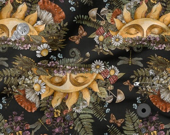 Happy Sun Moon cotton 100%, Eco-print, Moon Cotton Fabric, Sun fabric, Width 150cm /60"