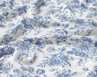 Blue Flowers Linen 100% , Eco-print, Printed Linen fabric, Flower linen Softened linen for sewing, Width 150cm /60"