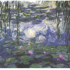 Pode incluir: Uma pintura de um lago com l&iacute;rios de &aacute;gua e salgueiros chor&otilde;es. A &aacute;gua &eacute; de um azul vibrante com toques de roxo e verde. Os l&iacute;rios s&atilde;o rosa e branco. As &aacute;rvores s&atilde;o de um verde escuro.