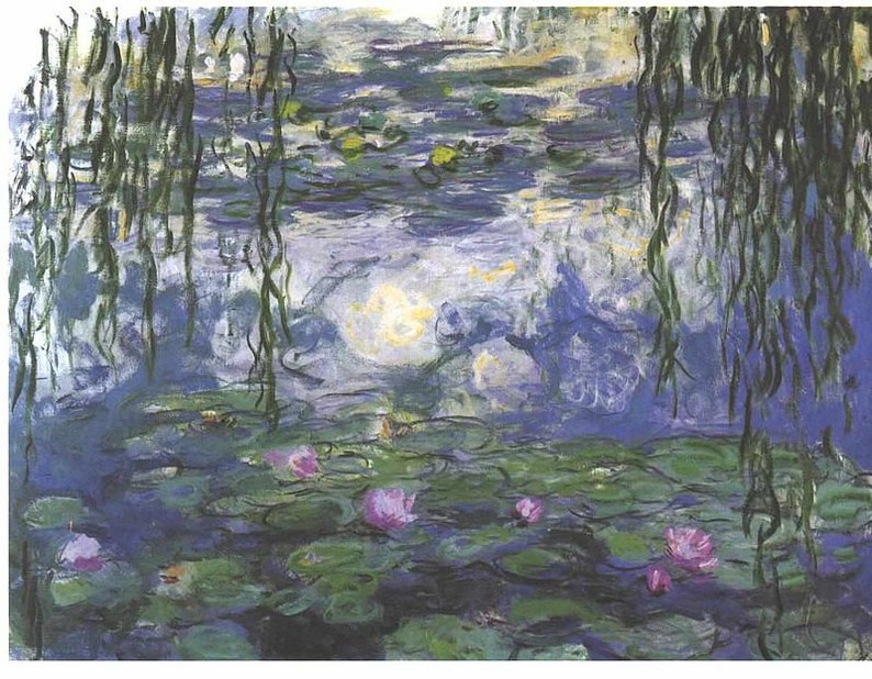 Pode incluir: Uma pintura de um lago com l&iacute;rios de &aacute;gua e salgueiros chor&otilde;es. A &aacute;gua &eacute; de um azul vibrante com toques de roxo e verde. Os l&iacute;rios s&atilde;o rosa e branco. As &aacute;rvores s&atilde;o de um verde escuro.