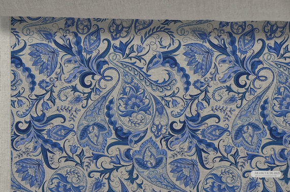 Leinen Leinenstoff Paisley, Blaue Blumen Leinenstoff, Beige in