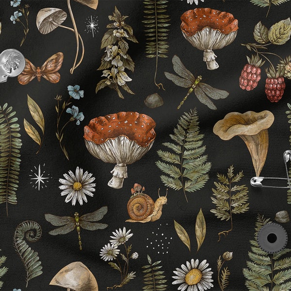 Coton Forest Life 100%, Eco-print, Tissu en coton bois, Tissu champignons, Largeur 150cm /60 »