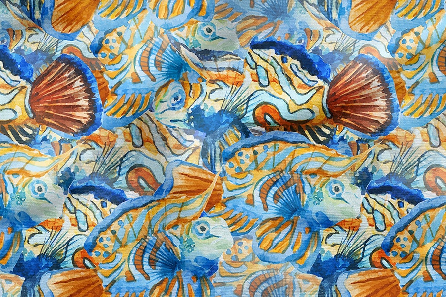 KLEURRIJKE VIS Oceaan, 100% katoen, ecoprint, bedrukte katoen, breedte 155 cm /61"