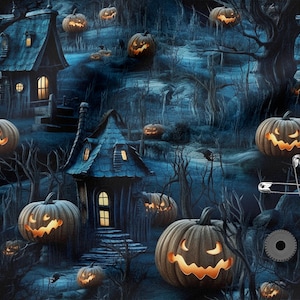 May include: A digitally painted Halloween pattern with glowing pumpkins, eerie houses, and bare trees on a dark blue background. The design includes safety pins and a gear.