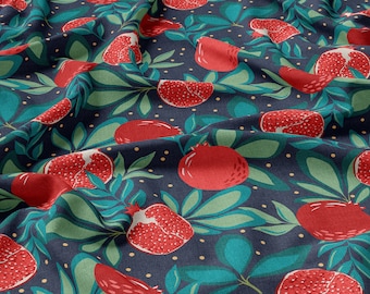 Pomegranate Fruit Linen 100%, Eco-print, Printed Linen fabric, Fruits Linen, Softened linen for sewing - by 1/3 yard