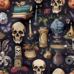 May include: A dark blue background with a repeating pattern of skulls, pumpkins, candles, books, butterflies, and other spooky Halloween-themed elements.