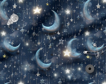 Starry sky cotton 100%, Eco-print, Printed Cotton clouds, moon stars fabric, Width 150cm /60"