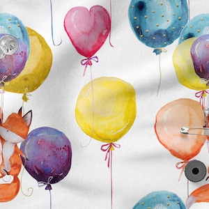 Fox and Balloons algodão 100%, Eco-print, Tecido de algodão estampado, Tecido para balões, Largura 150 cm /60"