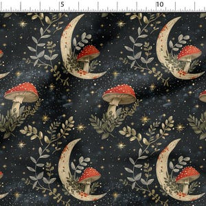 May include: A dark blue fabric with a repeating pattern of crescent moons, red and white mushrooms, and gold stars. The pattern is set against a dark blue background with a subtle galaxy-like texture.