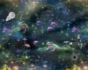 May include: A whimsical illustration of a magical forest with glowing lights, mushrooms, and frogs. The forest is filled with a sense of wonder and enchantment.