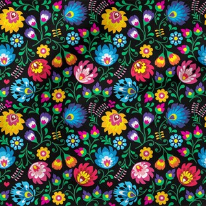 Può includere: Uno schema senza cuciture con fiori colorati di arte popolare su uno sfondo nero. I fiori sono in tonalità di rosso, rosa, giallo, blu, verde e viola. Lo schema è perfetto per tessuti, carta da parati o altri progetti decorativi.