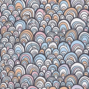 Puede incluir: Un patr&oacute;n sin costuras de formas semicirculares superpuestas y coloridas. Las formas son en tonos de azul, rosa, naranja y blanco, y est&aacute;n delineadas en negro. El fondo es gris oscuro.