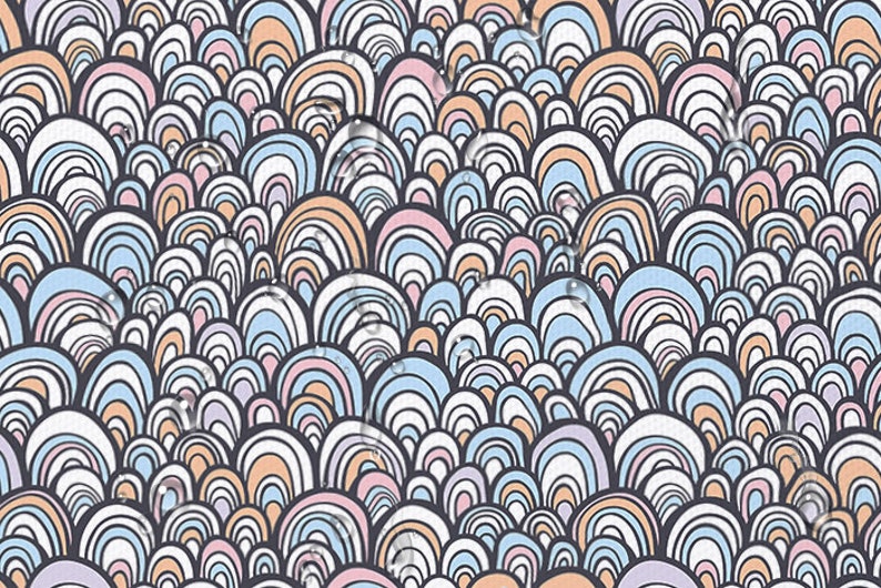 Puede incluir: Un patr&oacute;n sin costuras de formas semicirculares superpuestas y coloridas. Las formas son en tonos de azul, rosa, naranja y blanco, y est&aacute;n delineadas en negro. El fondo es gris oscuro.