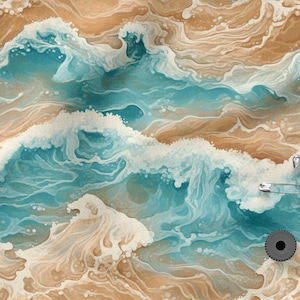 ocean cotton 100%, Eco-print, Printed Cotton ocean, waves, sea foam fabric, Width 150cm /60&quot;