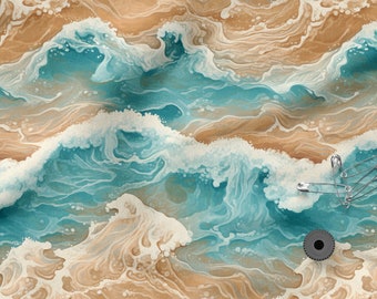 ocean cotton 100%, Eco-print, Printed Cotton ocean, waves, sea foam fabric, Width 150cm /60"