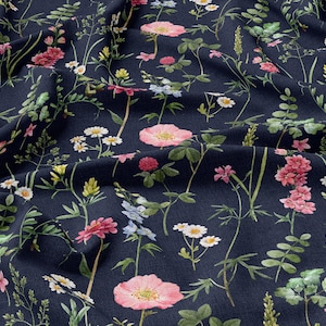 Lino Black Meadow 100%, Eco-print, Tessuto di lino stampato, Lino ammorbidito per cucire, Larghezza 150 cm /60&quot;