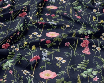 Black Meadow Linen 100%, Eco-print, Tessuto in lino stampato, Lino ammorbidito per cucito, Larghezza 150cm /60"