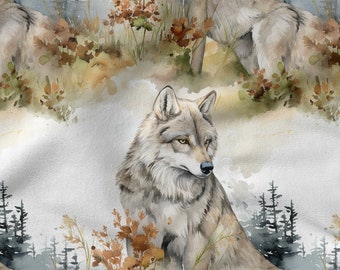 May include: A watercolor painting of a wolf sitting in a forest setting. The wolf is gray and white with brown eyes. The background is a soft gray with brown and green foliage.