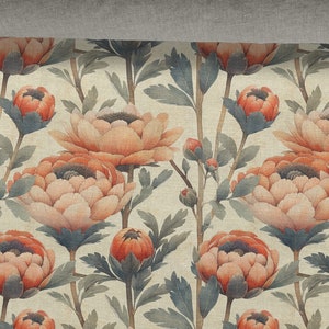 Tessuto di lino, Motivo floreale, Fiori di campo, Beige in melange, Lino ammorbidito per cucito, Larghezza 150 cm /60"
