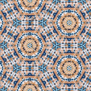 May include: A repeating pattern of blue, orange, and white geometric shapes with water droplets on the surface.
