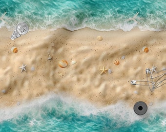 May include: A sandy beach with ocean waves, seashells, starfish, safety pins, and a black disc.